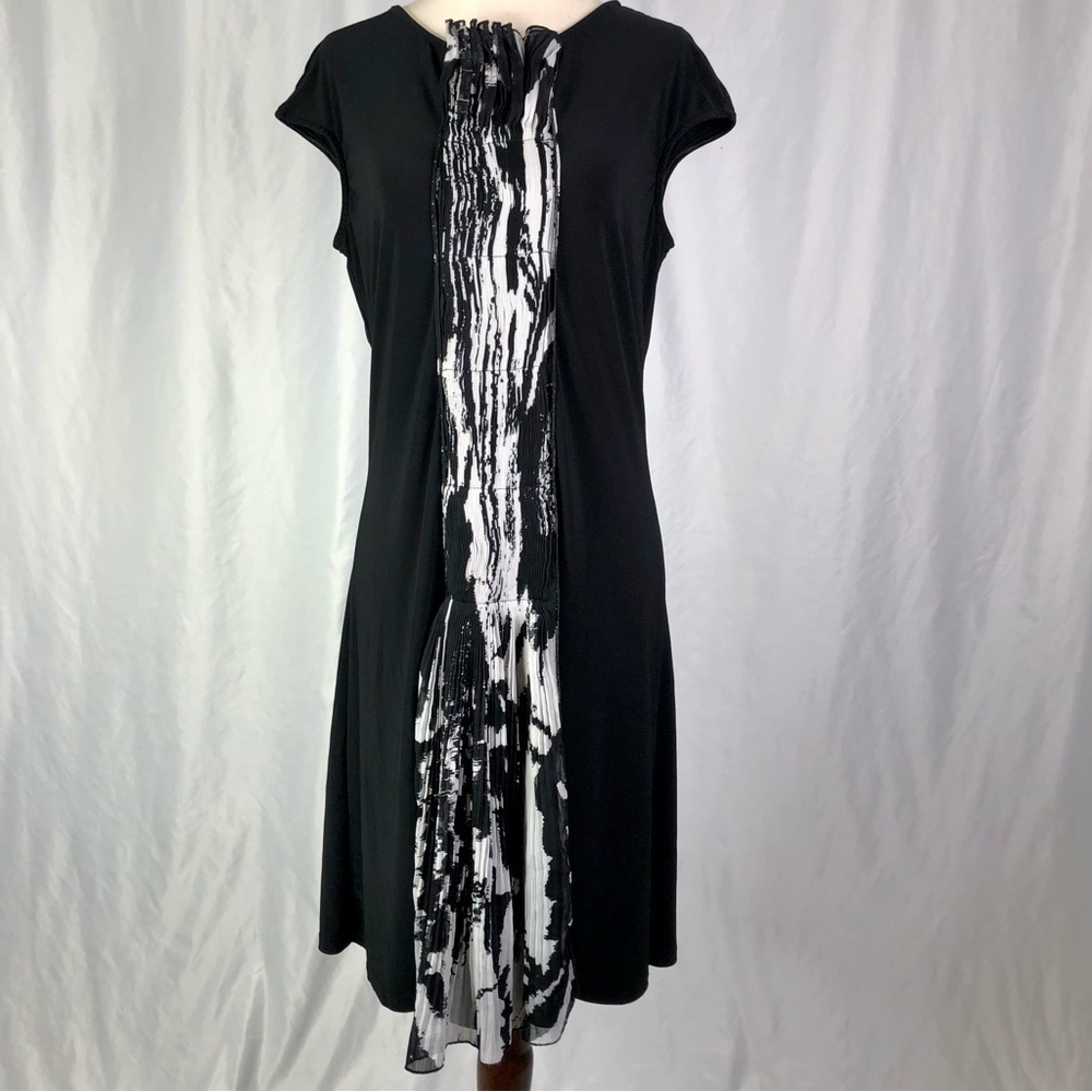 Samuel Dong pleated chiffon front dress stretch jersey cap sleeve black white M - Picture 4 of 10